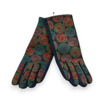 Suede-like velvet gloves in navy blue with multicolored circles