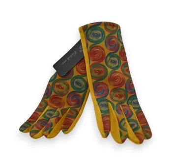 Mustard suede-effect gloves with multicolored circle patterns