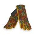 Mustard suede-effect gloves with multicolored circle patterns