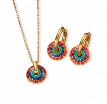 Gold-plated steel jewelry set with mosaic medallion