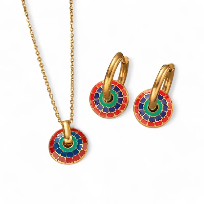 Gold-plated steel jewelry set with mosaic medallion