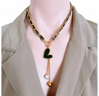 Gold-plated steel necklace with asymmetrical black heart