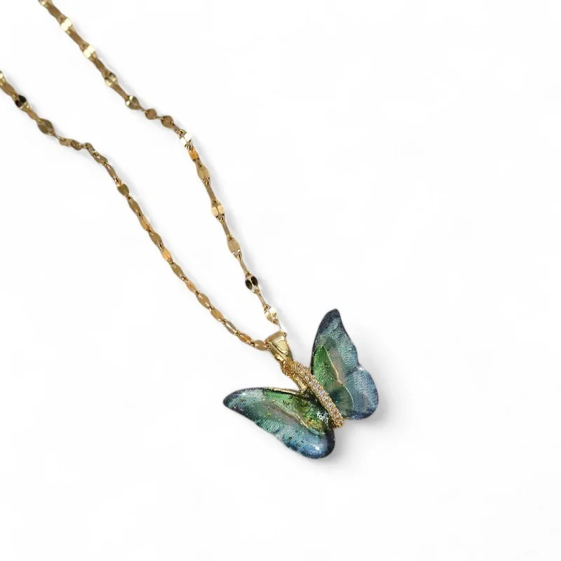 Gold-plated Steel Necklace with Blue-Green Gradient Butterfly