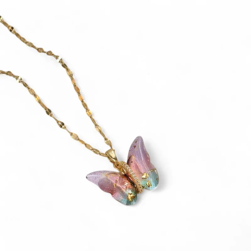 Golden steel butterfly necklace with rainbow gradient