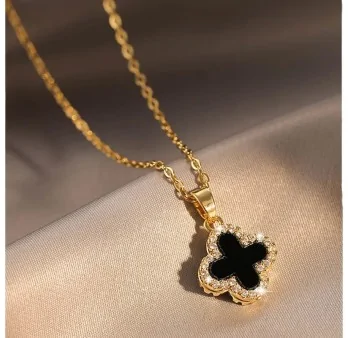 Collana in Acciaio Reversibile Quadrifoglio Nero e Bianco