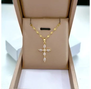 Gold-plated steel necklace with rhinestone cross