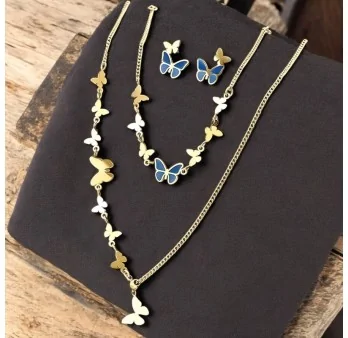 Blue and gold butterfly jewelry set in steel