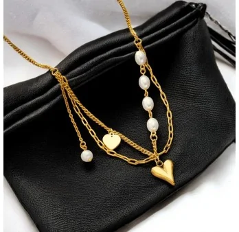 Gold-plated Steel Necklace with Heart and Pearls