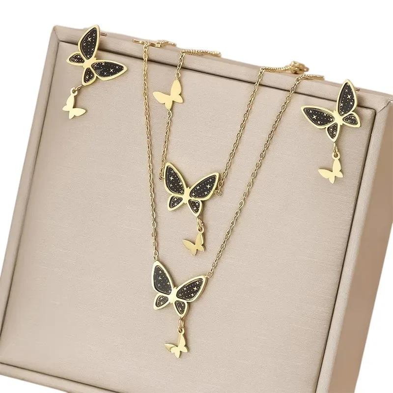 Black Butterfly Jewelry Set with Gold Star, Stainless Steel