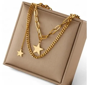 Gold-plated steel necklace with double rows of stars