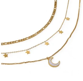 Multi-layer necklace with stars and moon Gold-plated steel