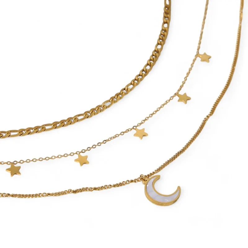 Collar de varias filas con estrellas y luna Acero dorado