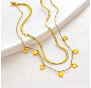 Gold-plated Steel Necklace with Double Chain and Hearts