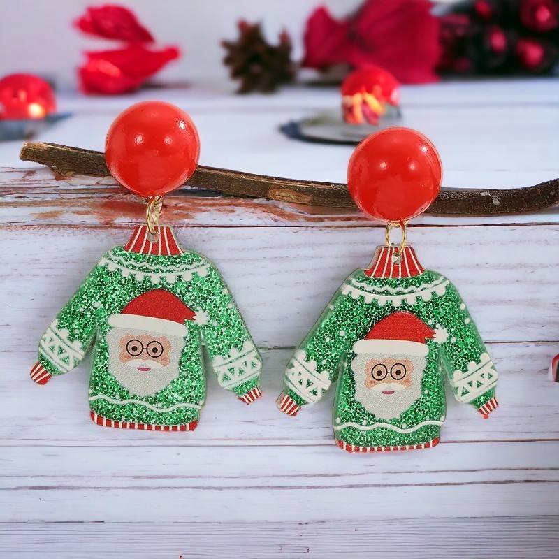 Boucles D'oreilles Pendantes Fantaisie Monstre De Noël En Bois - Rouge Et Vert, Cadeau Fille