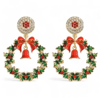 Golden Christmas Earrings with Crown and Bell