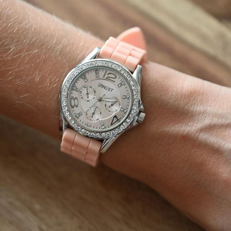 Orologio da polso da donna in silicone e strass ERNEST rosa tenue