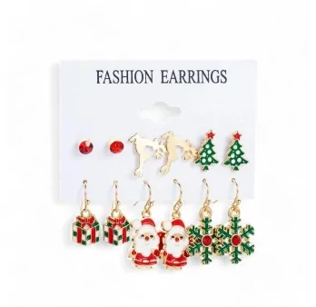 Set of 6 pairs of golden Christmas earrings