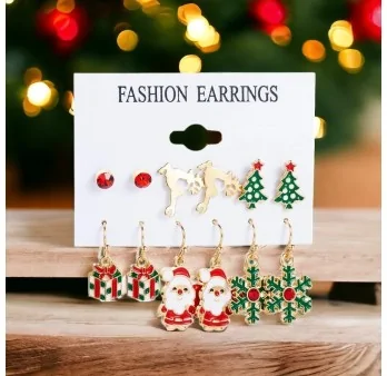 Set of 6 pairs of golden Christmas earrings