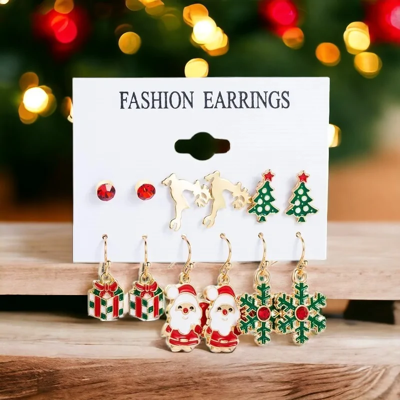 Set of 6 pairs of golden Christmas earrings