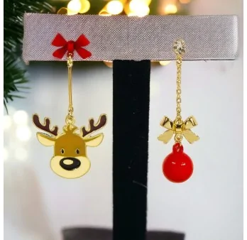 Christmas dangling earrings with reindeer and bauble