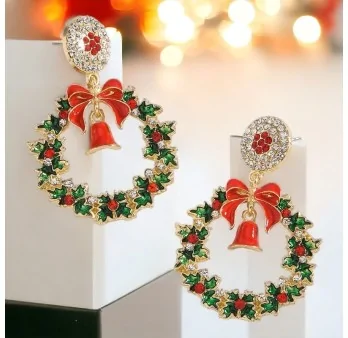 Golden Christmas Earrings with Crown and Bell