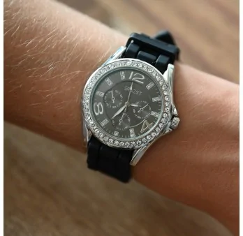 Uhr Ernest Silikon Strass Silber Schwarz