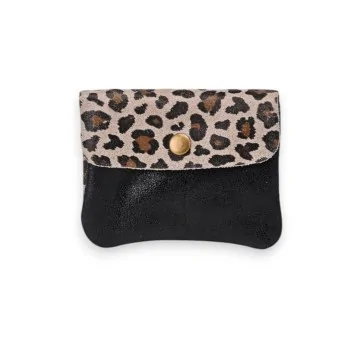 Glossy black grained leather wallet with leopard print