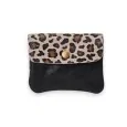 Glossy black grained leather wallet with leopard print