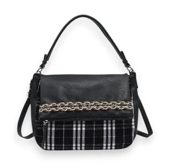 Donna Alessia handbag in black faux leather with Scottish pattern