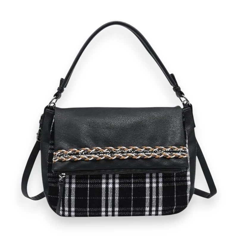 Donna Alessia handbag in black faux leather with Scottish pattern