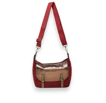 Burgundy suede crossbody bag with metallic flap