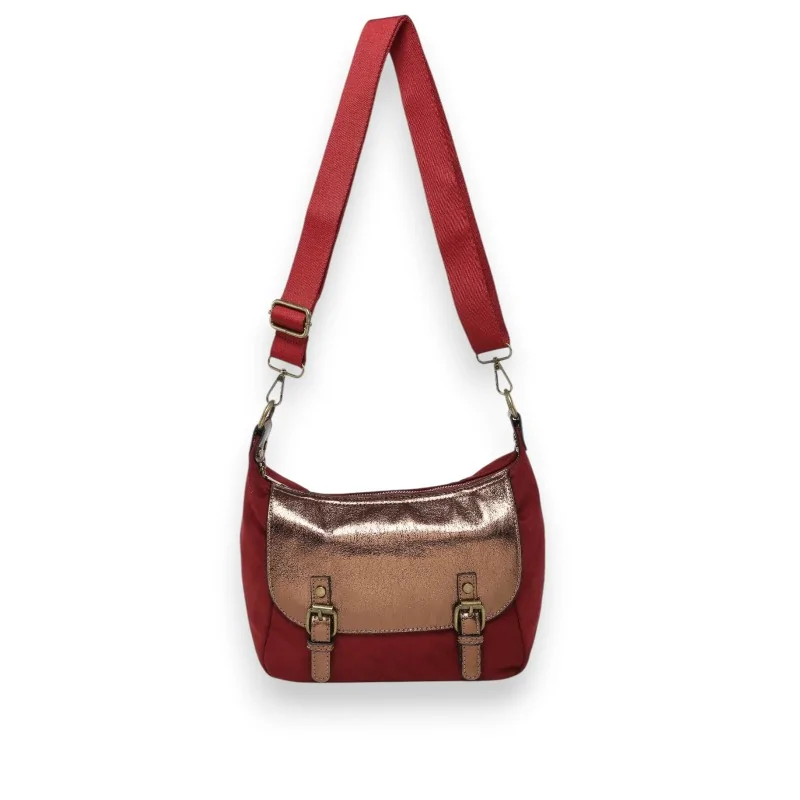 Burgundy suede crossbody bag with metallic flap