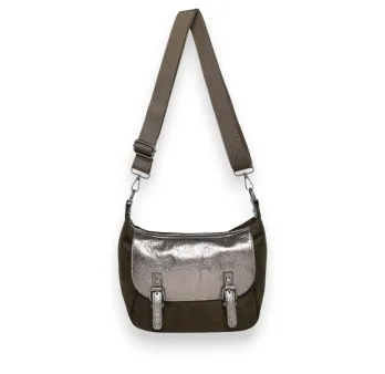 Khaki faux suede crossbody bag with metallic flap