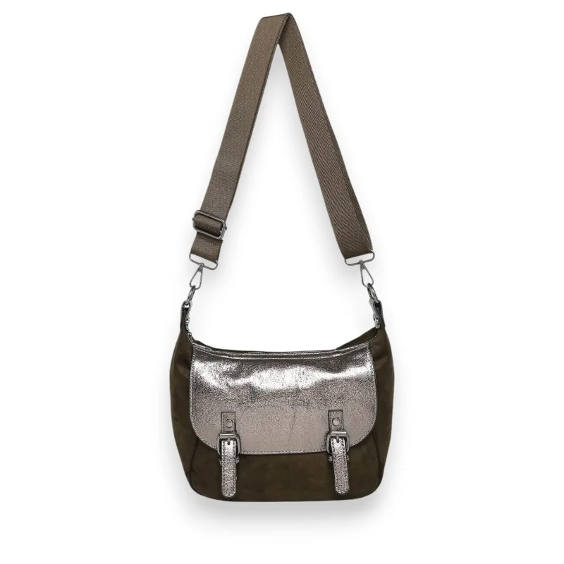 Khaki faux suede crossbody bag with metallic flap