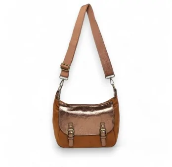 Camel faux suede crossbody bag with metallic flap