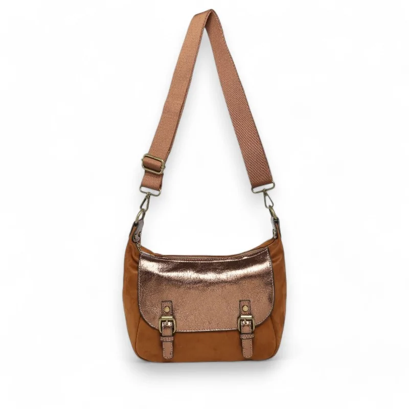 Camel faux suede crossbody bag with metallic flap