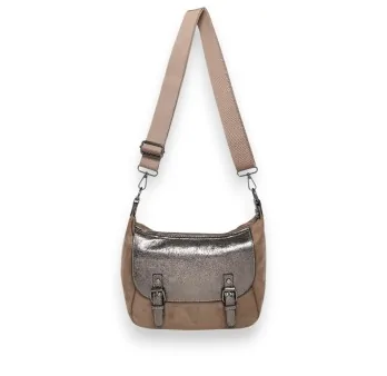 Borsa a tracolla in camoscio sintetico Taupe con patta metallizzata