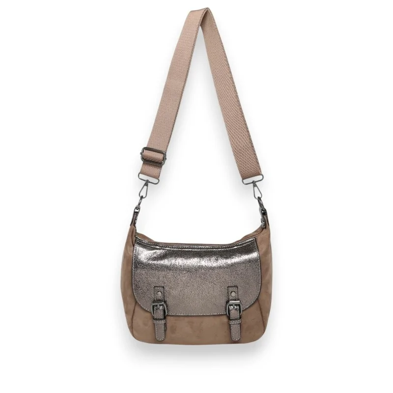 Faux suede crossbody bag in Taupe with metallic flap