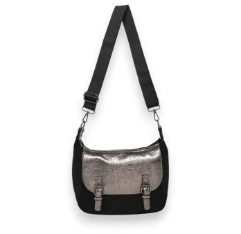 Suede crossbody bag in Black with metallic flap