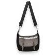 Suede crossbody bag in Black with metallic flap