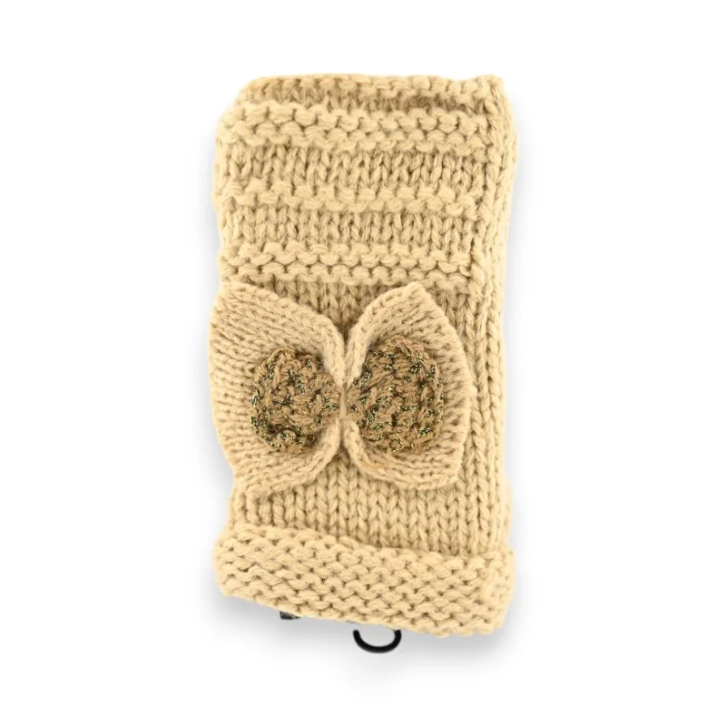 Beige knitted mittens with gold bow