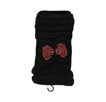 Black knitted mittens with burgundy bow