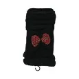 Black knitted mittens with burgundy bow