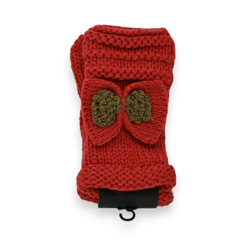 Red knitted mittens with golden knot