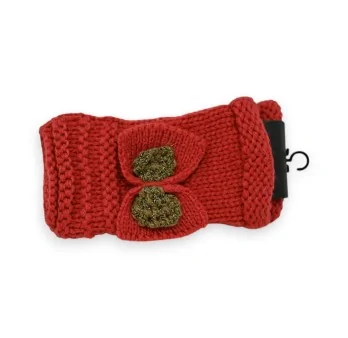 Red knitted mittens with golden knot