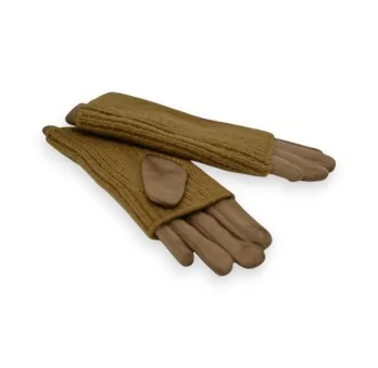 2-in-1 Handschuhe Taupe Wildlederimitat und Strick