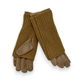 2-in-1 Handschuhe Taupe Wildleder und Strick