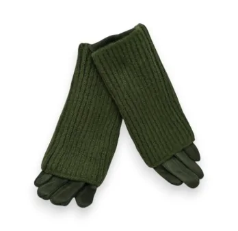 Fingerlose 2-in-1-Handschuhe aus Wildlederimitat und Strick in Khaki