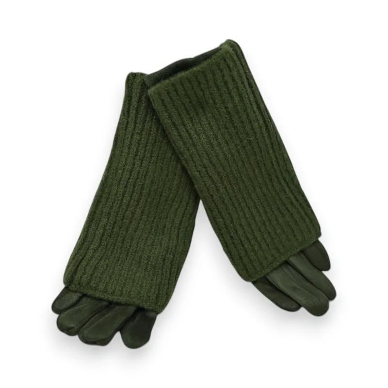 Fingerlose 2-in-1-Handschuhe aus Wildlederimitat und Strick in Khaki