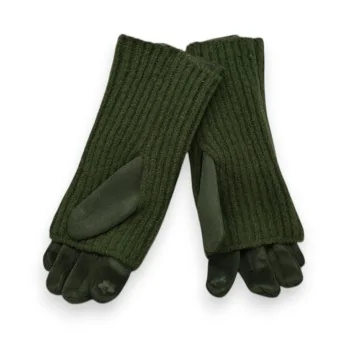 Fingerlose 2-in-1-Handschuhe aus Wildlederimitat und Strick in Khaki